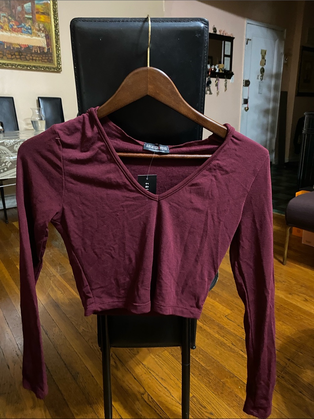 Forever 21 Maroon V-Neck Long Sleeve Crop Top with Hood